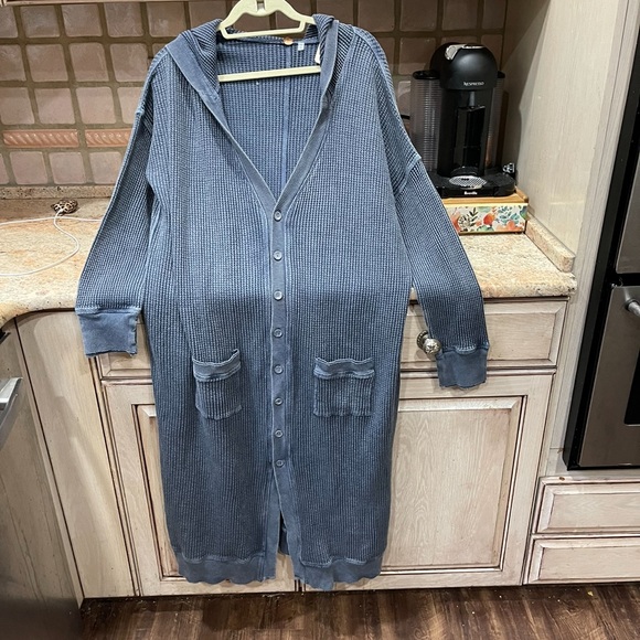 Free People Harley Cardi Hoodie Ribbed Knit Button Up Slouchy Blue - Picture 4 of 5